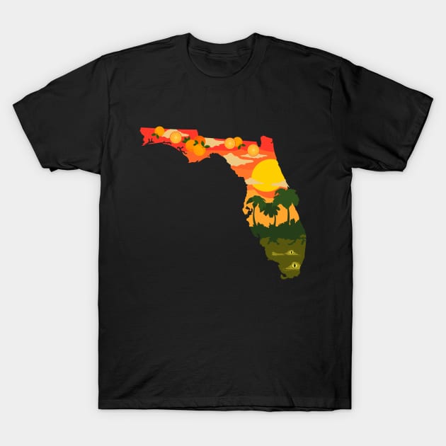 Florida USA illustration featuring oranges and alligators in the Everglades T-Shirt by keeplooping